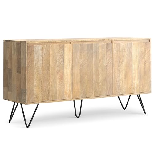 Hunter Buffet - 60 inch Wide Solid Mango Wood 3-Door Sideboard Buffet in Natural, Contemporary Storage Cabinet for Dining Room or Kitchen with Adjustable Shelves and Metal Legs