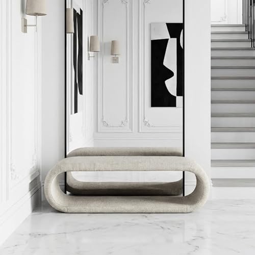 Shoe Bench for Entryway, 52.2''W Curved Modern No-Assembly End of Bed Bench Ottoman for Living Room, Cloakroom, Passageway, Light Oatmeal.