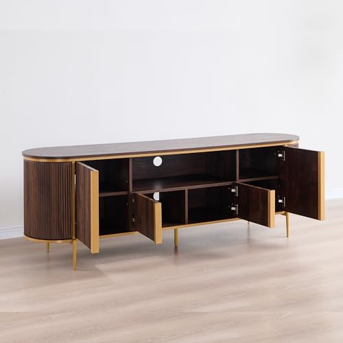 70" Fluted TV Stand with Storage, Faux Marble Top Entertainment Center for TVs Up to 80", Modern Curved Edge Media Console Cabinet for Living Room, Dark Walnut