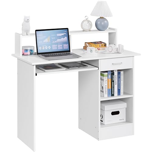Computer Desk with Keyboard Tray, Drawers, and Shelves, White, view 2