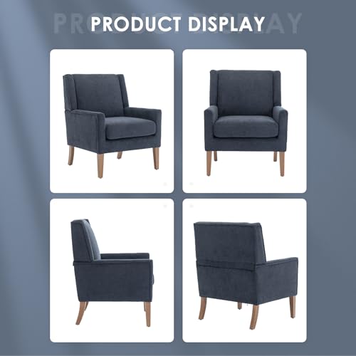 Modern Wingback Living Room Chair, Upholstered Fabric Accent Armchair, Single Sofa Chair with Lounge Seat and Wood Legs for Bedroom/Office/Reading Spaces, Blue