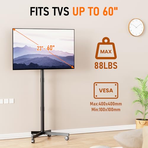 Mobile TV Cart Rolling TV Stand for 23-60 Inch LCD LED OLED Flat Curved Screens up to 88 lbs, Height Adjustable Portable TV Cart with Locking Wheels, Outdoor TV Stand Mount, Max VESA 400x400mm, Black