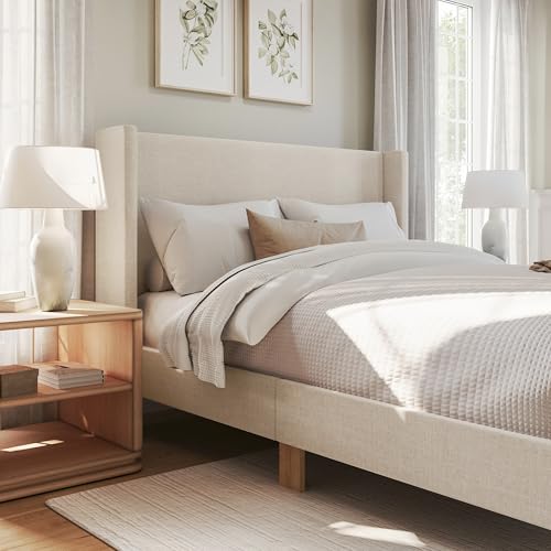 Maisie Queen Wingback Upholstered Platform Bed, Beige, view 8