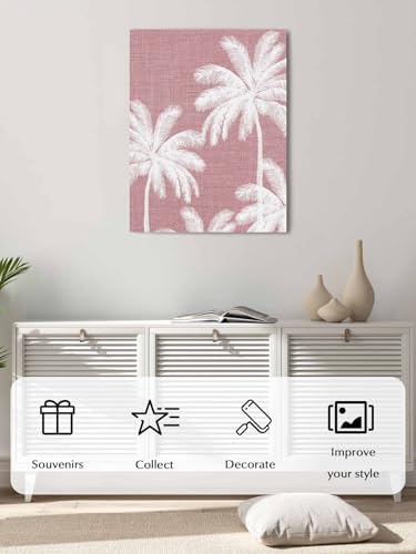 NuYeBiofx Summer Tropical Palm Trees Canvas Wall Art Prints,40"x28" Framed Picture Artwork Pink Retro Linen Background Printed Canvas Oil Painting for Living Room Bedroom Office,Ready to Hang