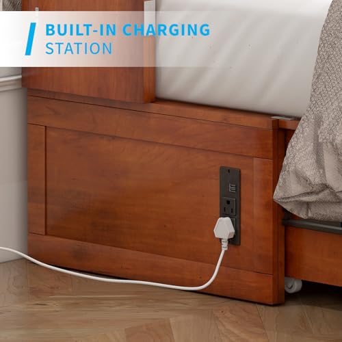 Queen Size Murphy Bed Cabinet with Tri-Fold Mattress Not Included, Wooden Cabinet Bed with Built-in USB Charging Station and 2 Storage Drawers, Cube Chest Beds for Office Guest Room, Cherry