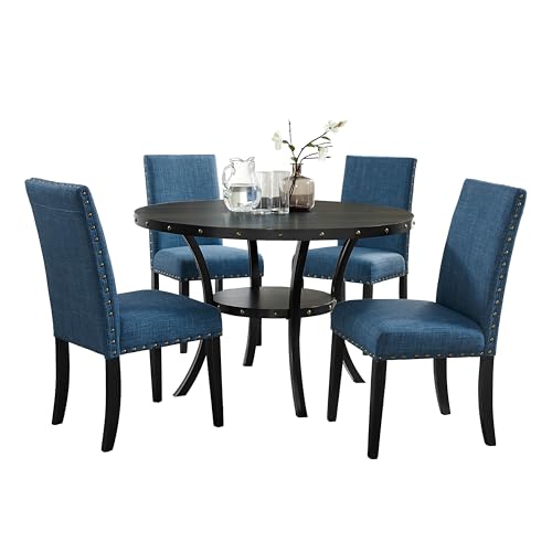 Collection Biony Espresso Wood Dining Set with Blue Fabric Nailhead Chairs