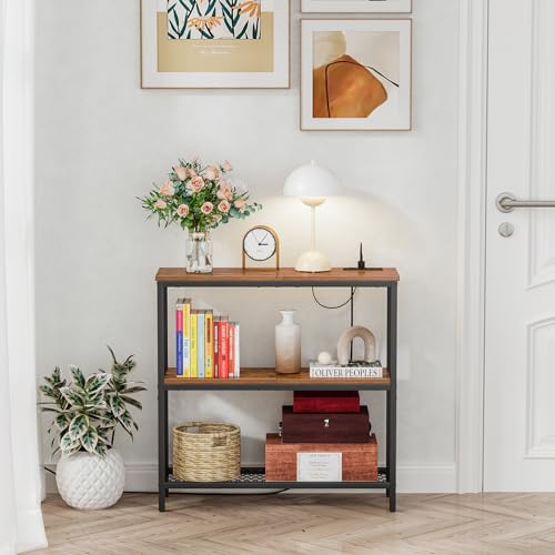 Console Table with Power Outlets, Entryway Table with Storage, Narrow Sofa Table with 3 Tier Shelves, 2 USB Ports, 2 Power Outlets, Hallway Table for Couch, Living Room, Entrance