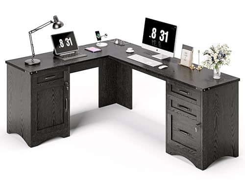 L Shaped Farmhouse Executive Desk with Drawers, 67" Home Office Desks with Fast Charging Station, Lockable File Cabinet, Wood Writing Computer Desk for Work, Study, Black
