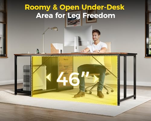 61" L Shaped Office Desk with Wood Drawers & Lockable File Cabinet, Reversible 21.7" D Corner Computer Desk with Built-in Power Outlets, Executive Desk for Home Office, Walnut