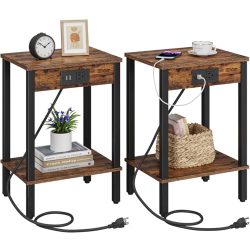Side Table with Charging Station, Set of 2 End Tables with USB Port and Outlets, Nightstands with 2-Tier Storage Shelves, Sofa Table for Small Space, Living Room, Bedroom, Rustic Brown 102F2