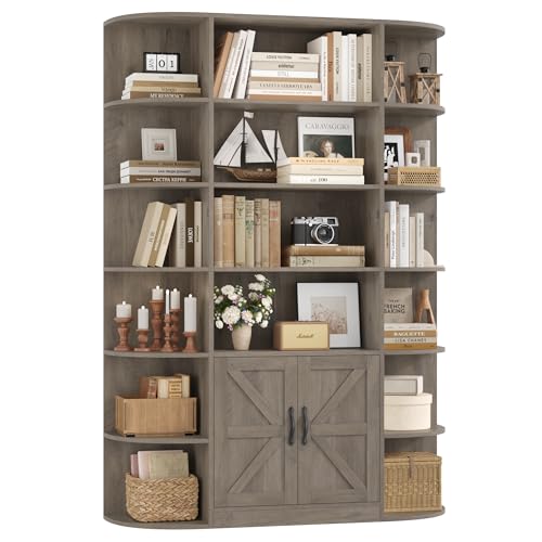 75" Tall 6-Tier Bookcase and Bookshelf with Storage, Ash Grey | Freestanding Wood Display Shelves, 47" Wide Book Shelf, Bookcase with Door, Book Storage Cabinet for Home Office, Living Room
