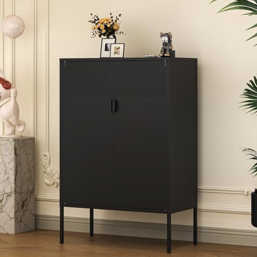 Black Metal Storage Cabinet with 2 Doors - 47''H Locker Cabinet, 3 Tier Locker Door with Adjustable Shelves,Metal Sideboard for Home, Living Room,Office Kitchen and Bathroom