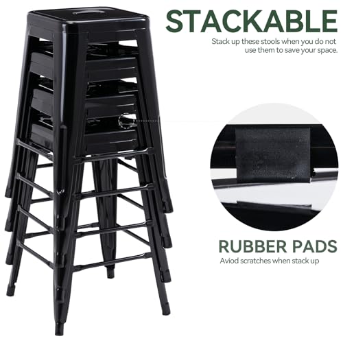 24 Inch Metal Bar Stools, Backless Counter Height Barstools, Indoor Outdoor Stackable Stools with Square Seat, Set of 4 (Black)