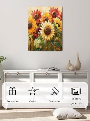 NuYeBiofx Farm Sunflower Oil Painting Art Canvas Wall Art Prints,48"x32" Framed Picture Artwork Yellow Red Blossom Floral Leaf Printed Canvas Oil Painting for Living Room Bedroom Office,Ready to Hang