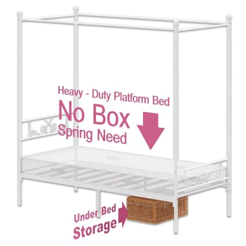 Twin Canopy Bed Frame with Headboard, Metal Twin Beds for Kids, White, view 8