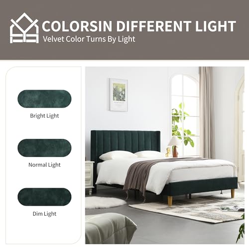 Queen Bed Frame,Platform Bed with Upholstered Headboard,Ink Green, view 7