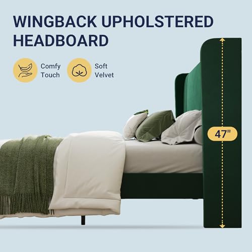 Queen Size Velvet Platform Bed Frame, Tall Wingback Headboard, Green, view 7