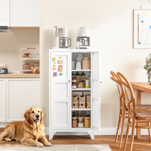 Metal Storage Cabinet with Doors and 3 Adjustable Shelves - 47" White Kitchen Pantry Storage Cabinet Locker for Kitchen,Living Room,Dining Room