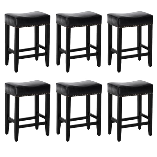 Bar Stools Set of 6,25.7 inch Counter Height Bar Stools,Upholstered Kitchen Barstools with Solid Wooden Legs, Saddle Stools for Kitchen Island, Bar, Cafe, Black