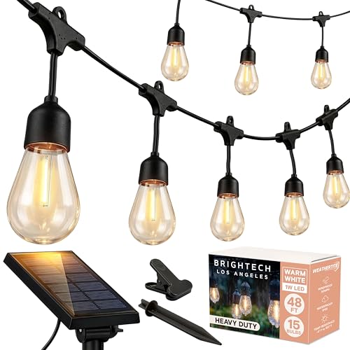 Ambience Pro Solar Powered Outdoor String Lights, 48 ft Commercial Grade Waterproof Patio Lights, Shatterproof LED String Lights for Outside, Porch - 15 Edison Bulbs, 1W Warm White