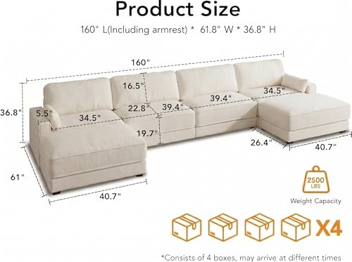 160" Oversized Modular Sectional Sofa, U Shaped Couch Set with 2 Pillows, 6 Seat Comfy Cloud Couches with 2 Movable Ottomans for Living Room, Bedroom and Apartment, Chenille Beige