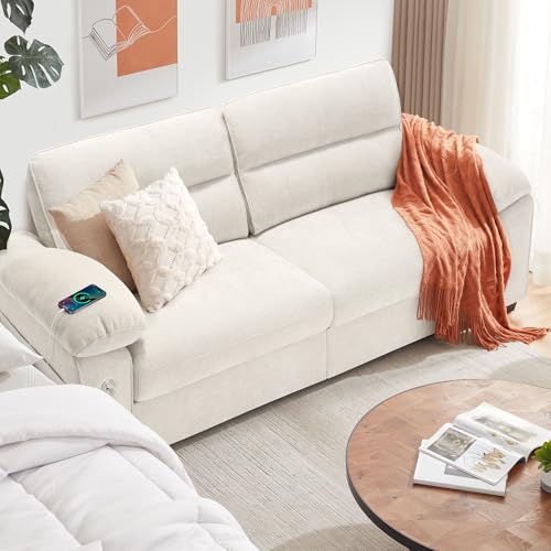 90.5" Modern Sofa 2-Seater Couch for Living Room, Chenille Pillow-Armrest with Extra Large Seat Width, USB/Type-C Charging Port & Side Pocket, Removable Medium Firm Cushion(Beige)
