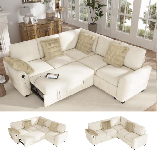 Sectional Couch with Pull Out Sofa Bed,Chenille Sleeper Sofa with 2 Seat Storage & USB Charging,Comfy L Shaped Modular Couches for Living Room,Apartment