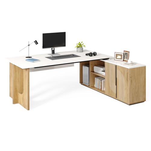 74-Inch Executive L-Shaped Desk with Storage Cabinet & Shelves, view 2