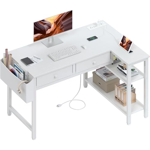 Small White 40 Inch L Shaped Corner Desk with Drawers & Storage Shelves, view 2