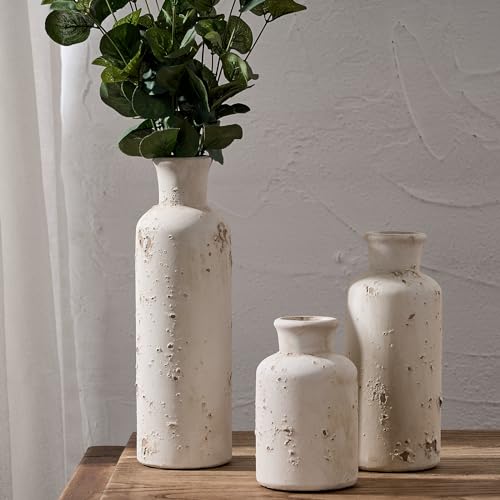 Ceramic Rustic Farmhouse Vase Set of 3, Whitewashed Terracotta Vase, Clay Decorative Vases for Home Decor, Living Room, Shelf, Mantel Decoration(Rustic White)