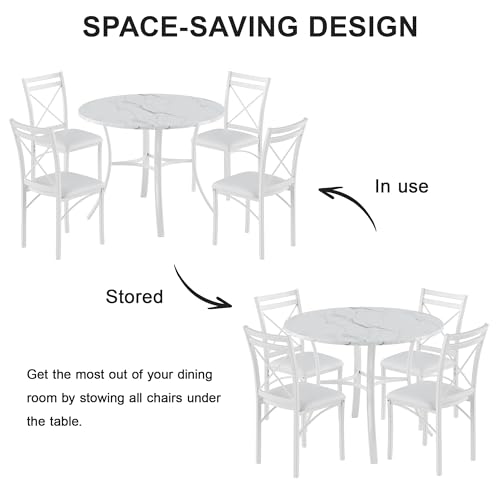 5 Piece Dining Table Set for 4 with Chairs, Faux Marble Tabletop, Small Space, Kitchen, Breakfast Nook, White