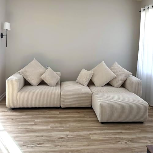 Convertible Modular Sectional Sofa with Ottoman, Sleeper Bed, White | Corduroy Couch, Wood Frame, Free Combination, DayBed, for Living Room Small Space Apartment