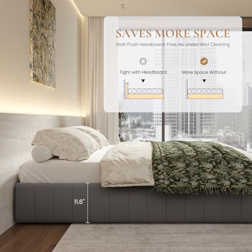 Full Size Velvet Upholstered Platform Bed Frame with 4 Storage Drawers, Vertical Channel Tufted, Low Profile, Fits Standard Headboards, Wooden Slats Support, Easy Assembly, Grey