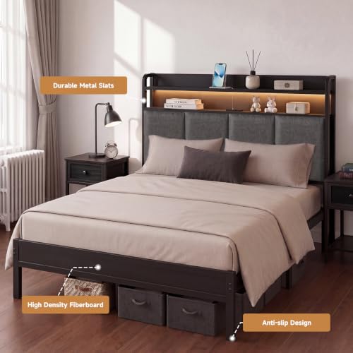 King Upholstered Metal Platform Bed Frame with RGB LED & Charging, view 7