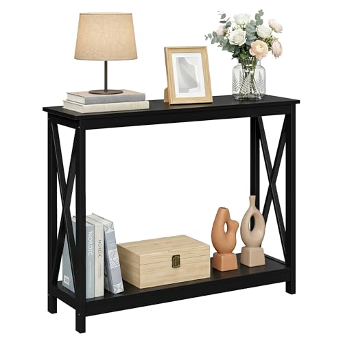 Sofa Side Console Table with 2 Storage Shelves Narrow Accent Table for Entryway/Hallway/Living Room, 39.3in L x 11.8in W x 31.6in H, Black