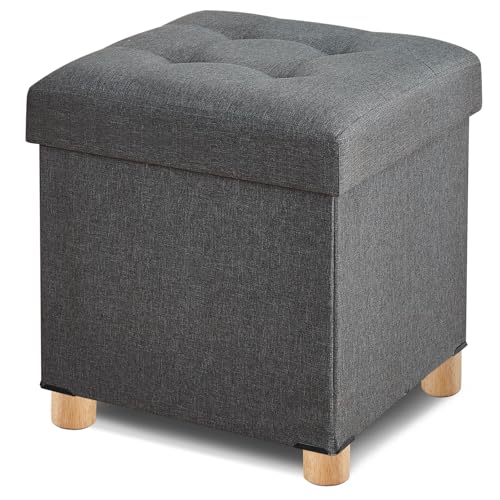 Ottoman with Storage, Square Storage Ottoman for Dorm, Linen Folding Ottoman Foot Stool with Legs for Living Room and Bedroom, 17.7"x17.7"x20" - Gray