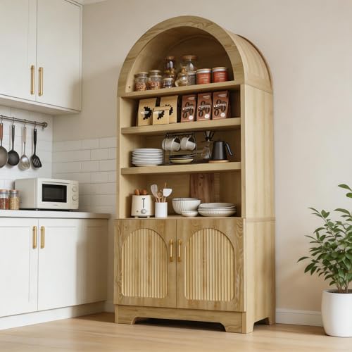 71" Tall Arched Kitchen Pantry, Arched Cabinet with Doors, Modern Farmhouse Wood Kitchen Storage Cabinets with 3-Tier Adjustable Shelves, Cupboard for Living Room, Dining Room, Kitchen, Oak