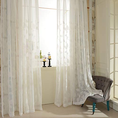 White Sheer Curtains 84 inches Long Leaves Embroidered Window Curtain Sheer Voile Panels for Living Room & Bedroom, 54x84, Two Panels