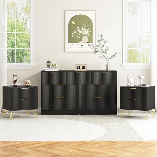 7 Drawer Dresser and Nightstand Sets for Bedroom, 3 Pcs Bedroom Set,Night Stand Set of 2 & 7 Drawer Dresser with Gold Handles, Modern Wood Chest of Drawers Storage Cabinet Set, Black