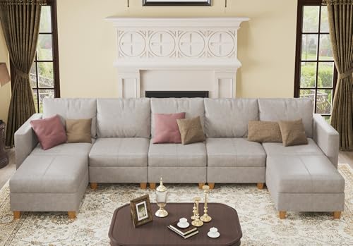 Faux Leather Sectional, Modular Sectional Sofa with Storage, Leather Couch U Shaped Couches for Living Room, Whitesand