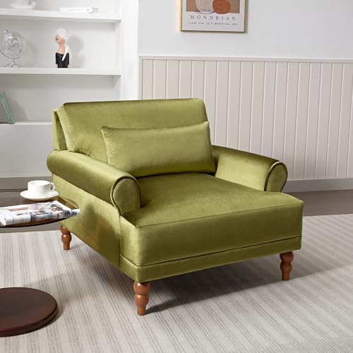 Oversized Velvet Accent Arm Chair with Roman Column Legs, Green, view 8