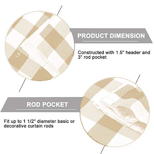 Room Darkening Window Valance, 58W x 14L Inches Top Rod Pocket Checkered Gingham Curtain Valance Scarf, Modern Farmhouse Window Curtain Valance Classic Buffalo Checked Plaid, Taupe