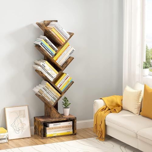 6 Tier Tree Bookshelf, Tall Bookcase with Drawer, Freestanding Book Shelf, Display Floor Standing Storage Shelf, Book Organizer Shelves for Home Office, Rustic Brown