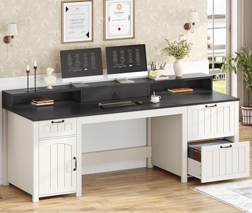 63" Farmhouse Executive Desk with Drawers and Storage, White + Black, view 2