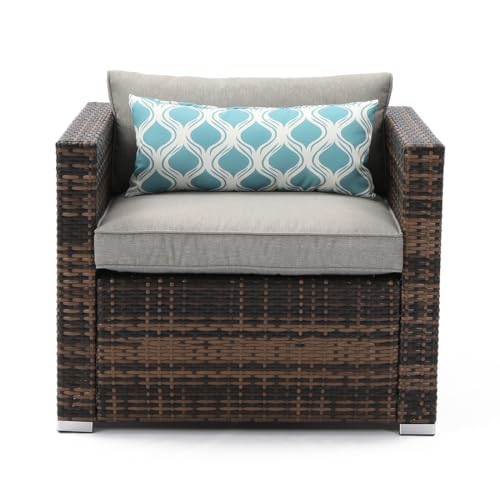 All-Weather Patio Chair, Single Brown Wicker Chair with Thick Gray Cushions & Teal Pillow, Outdoor Rocking Chair for Porch, Garden, Poolside