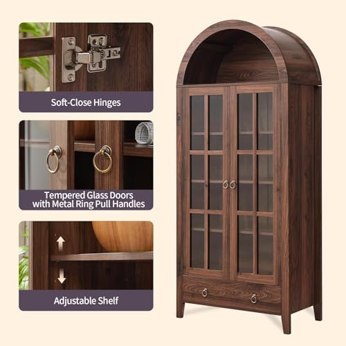 71" Tall Arched Cabinet Bookshelf with Glass Door & Storage Drawer, view 7