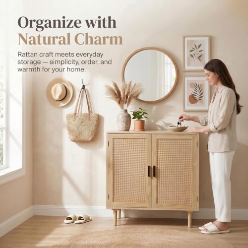 Sideboard Buffet Cabinet, Kitchen Storage Sideboard with Rattan Decorated Doors, Liquor Coffee Buffet, Dining Room, Hallway, Console Table, Accent Cabinet, 31.5X 15.8X 34.6 Inches, Natural