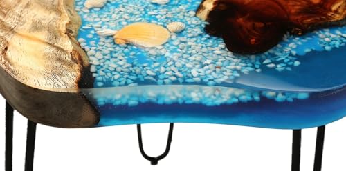 Crystal Clear Epoxy Resin Natural Edge Wood end Table, Wood Resin Side Table Hand Made Craft Coffee Table with Hairpin legs-20 inch Tall (Blue Seashell)