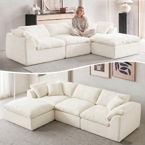 110" Boneless Cloud Couch Sectional for Living Room, Oversized Modular L Shaped Sofa with Ottoman, Deep Seat Chenille Sectional Couch for Cloud-Like Comfort (Beige)