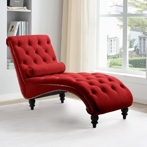 61" Velvet Tufted Chaise Lounge, Upholstered Sofa Chair with Wood Legs Red, view 7